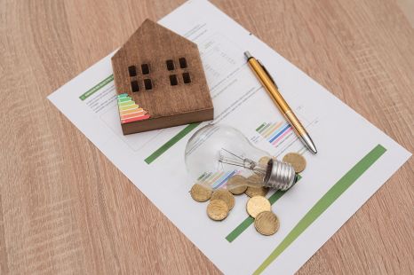 © Renata Hamuda - stock.adobe.com Foto: Glühbirne, Energieskala auf Haus, Münzen