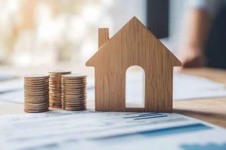 © plaksa - stock.adobe.com Foto: Münzen und Holzhaus